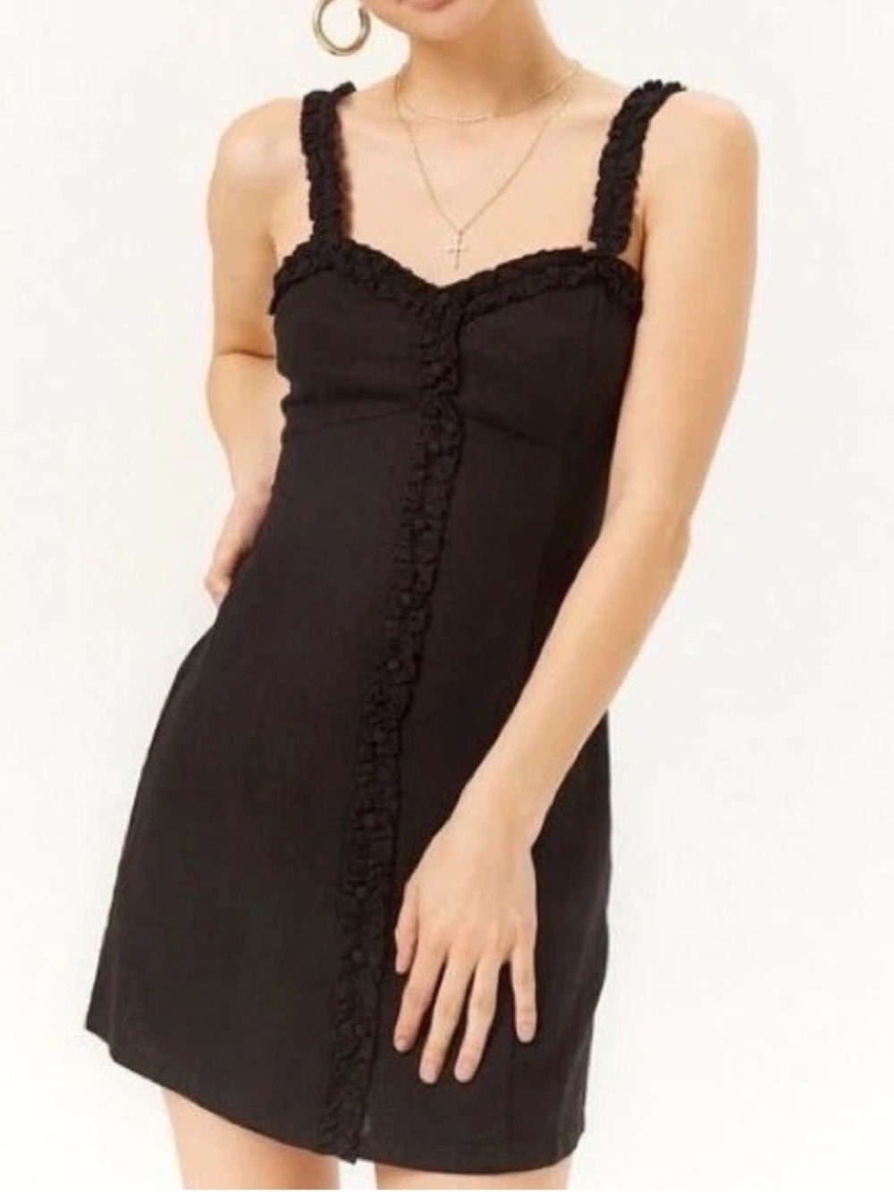 NWOT Black Ruffled Strap Mini Dress Sz M Linen Blend Summer Dress